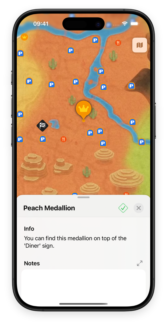 iPhone running MK World Travel Guide, showing the details of a single medallion