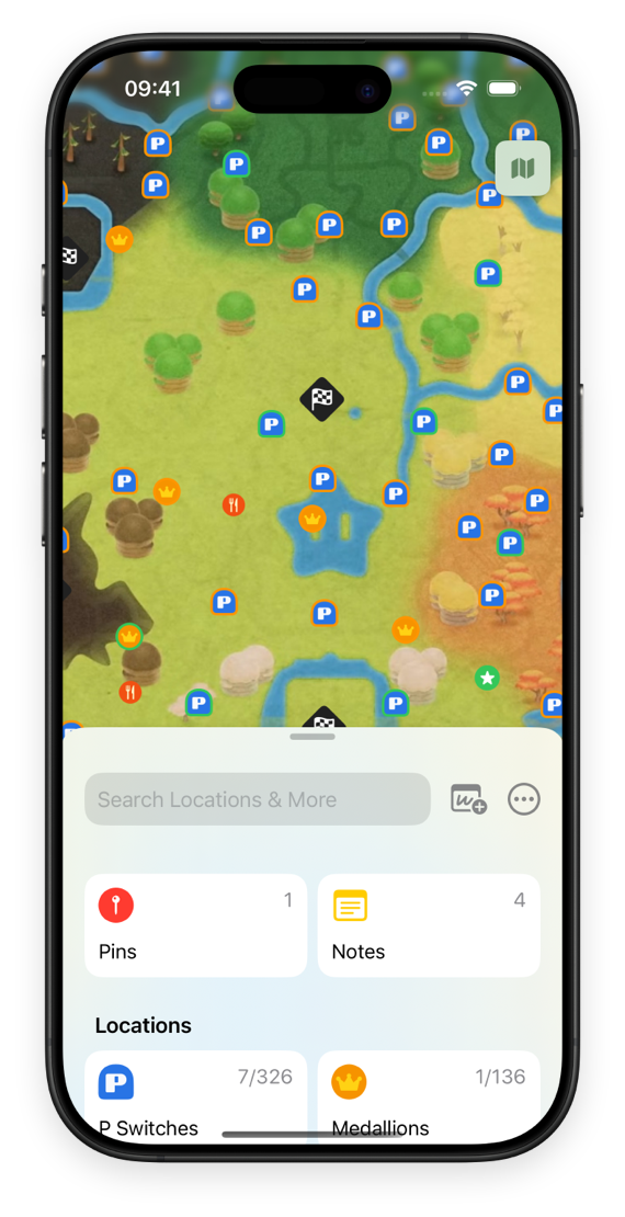 iPhone running MK World Travel Guide, showing the map of Mario Kart World with various markers indicating points of interests such as shrines, towers, and korok seeds